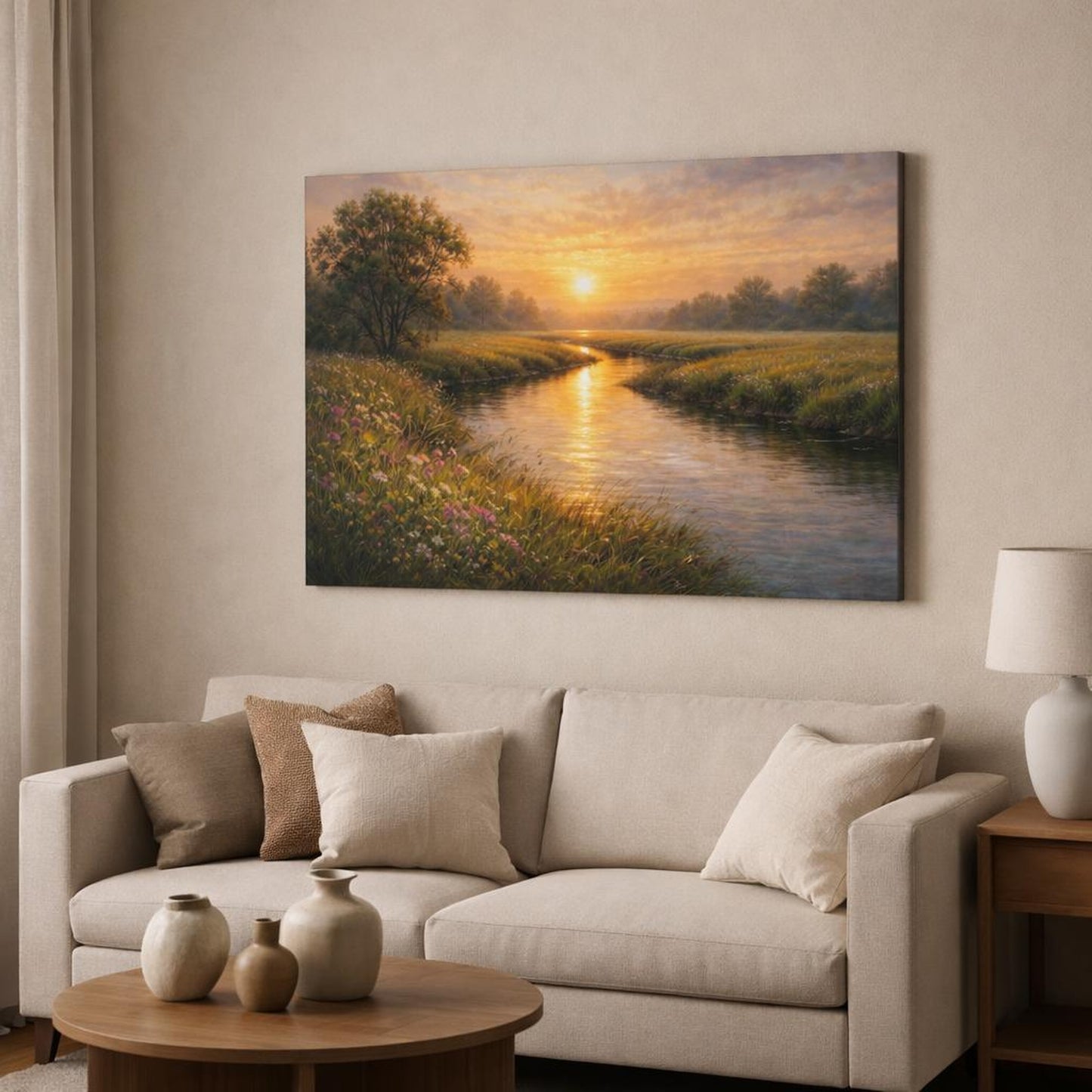 Nature River Golden Sunset Landscape shown as canvas wall art in a modern living room