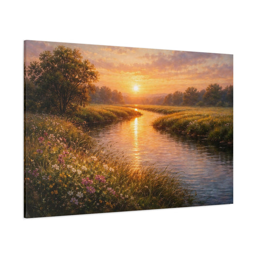 Nature River Golden Sunset Landscape shown as stretched canvas wall art