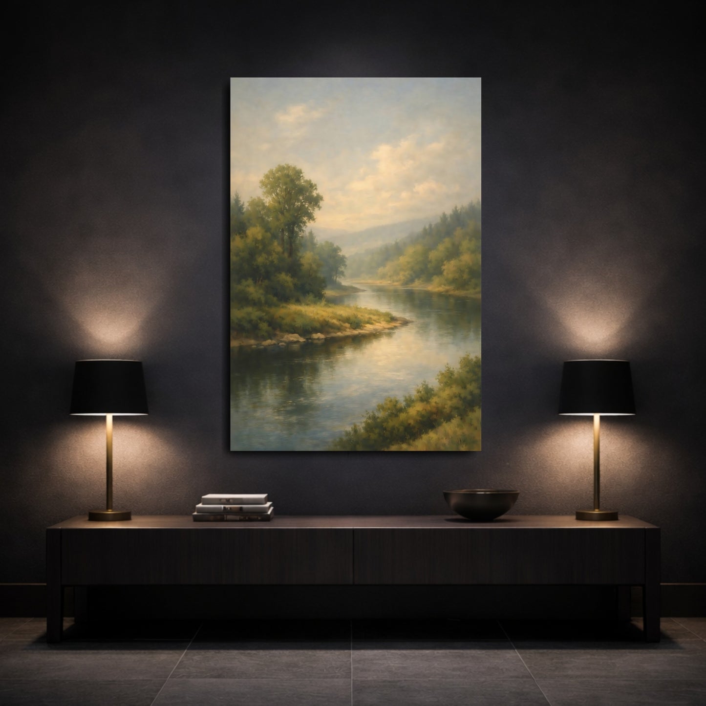Mockup 2. Nature River Green River Landscape shown as stretched canvas wall art