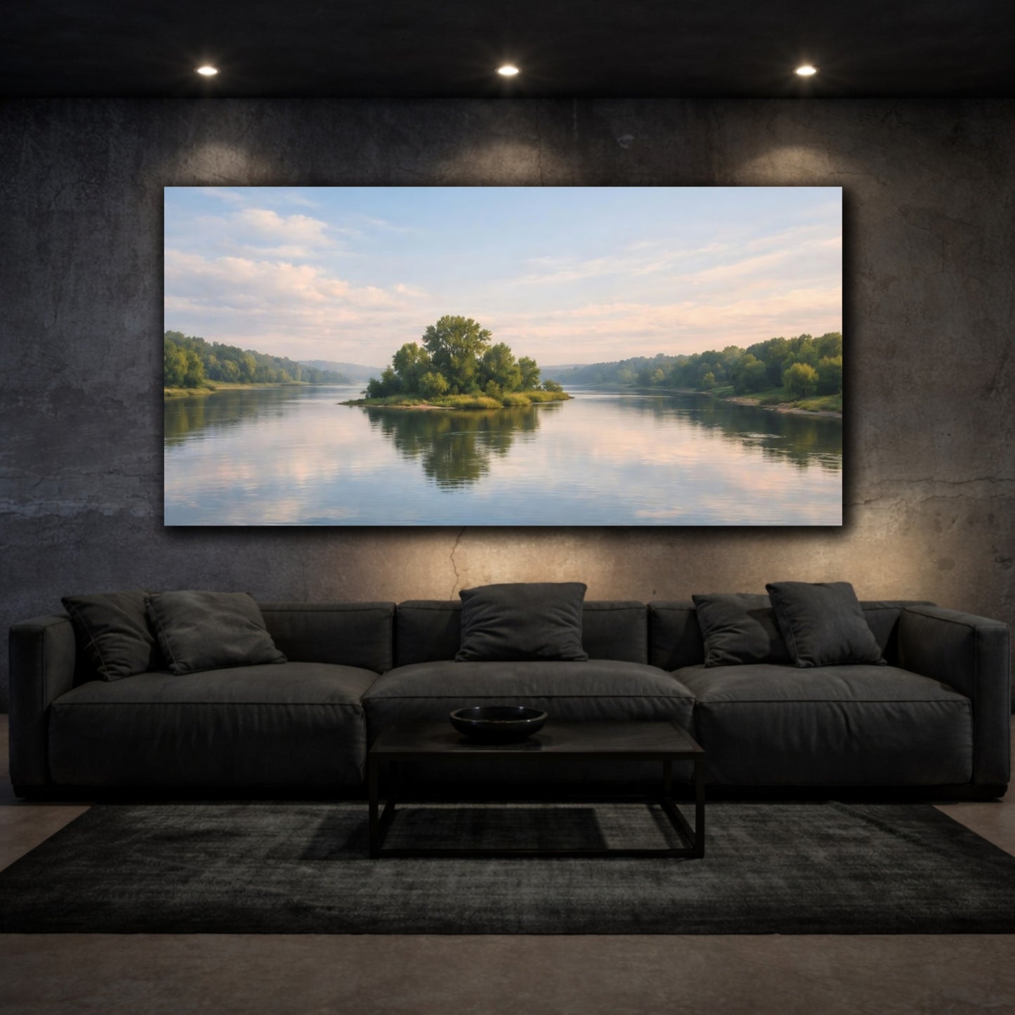 Mockup 2. Nature River Island Blue Green Landscape shown as stretched canvas wall art