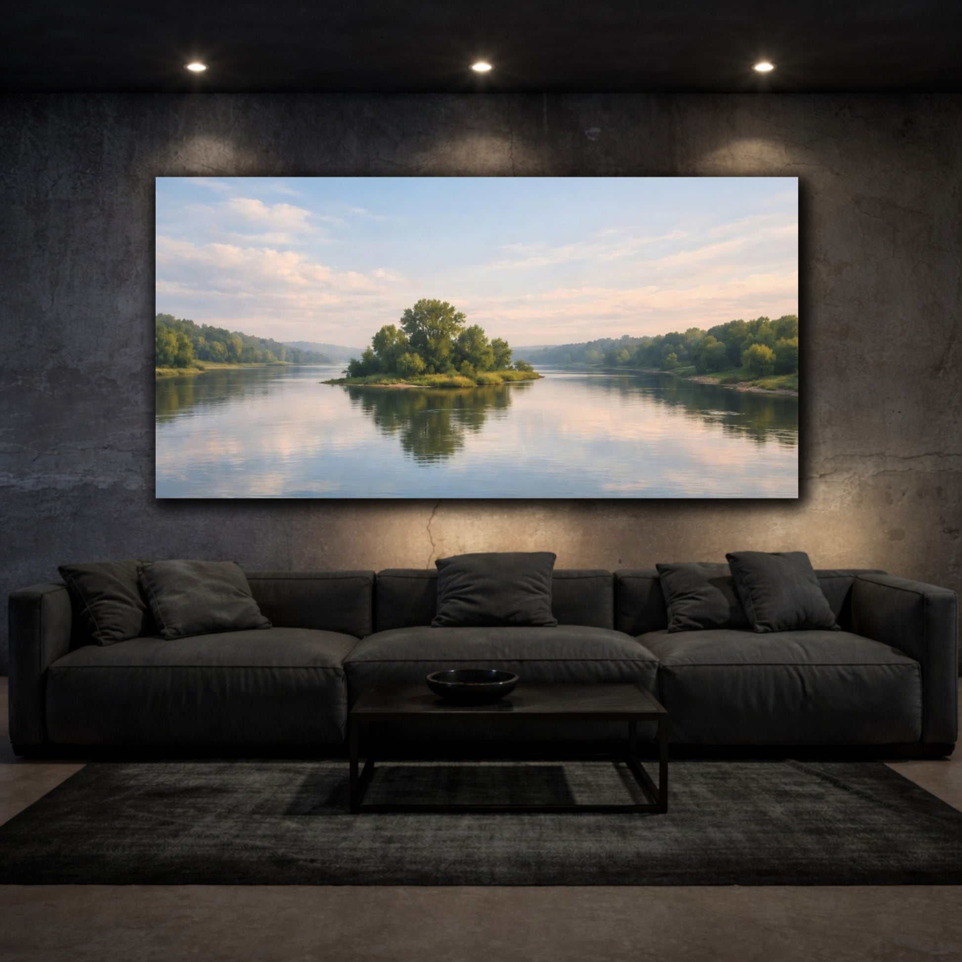 Mockup 2. Nature River Island Blue Green Landscape shown as stretched canvas wall art