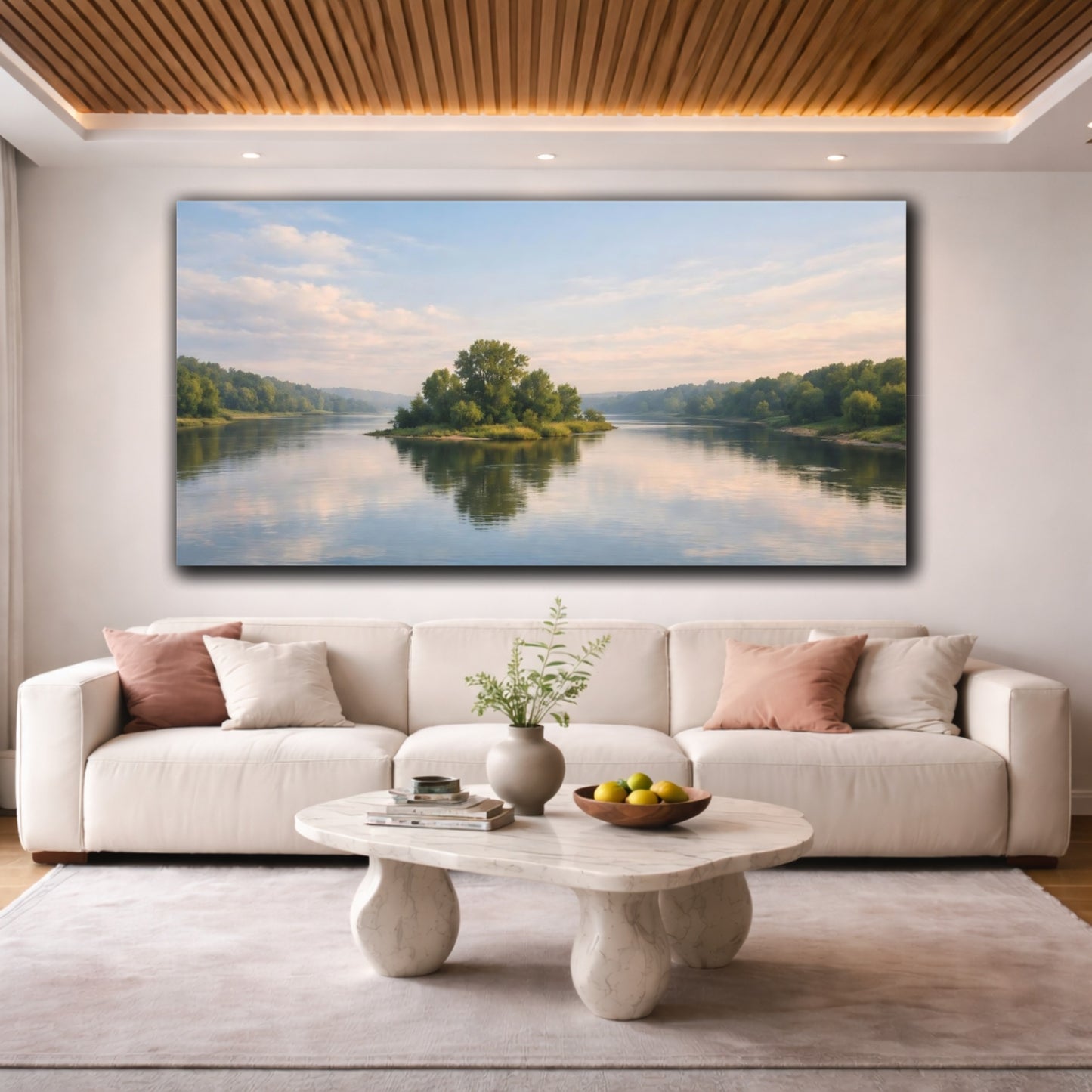 Mockup 3. Nature River Island Blue Green Landscape shown as stretched canvas wall art