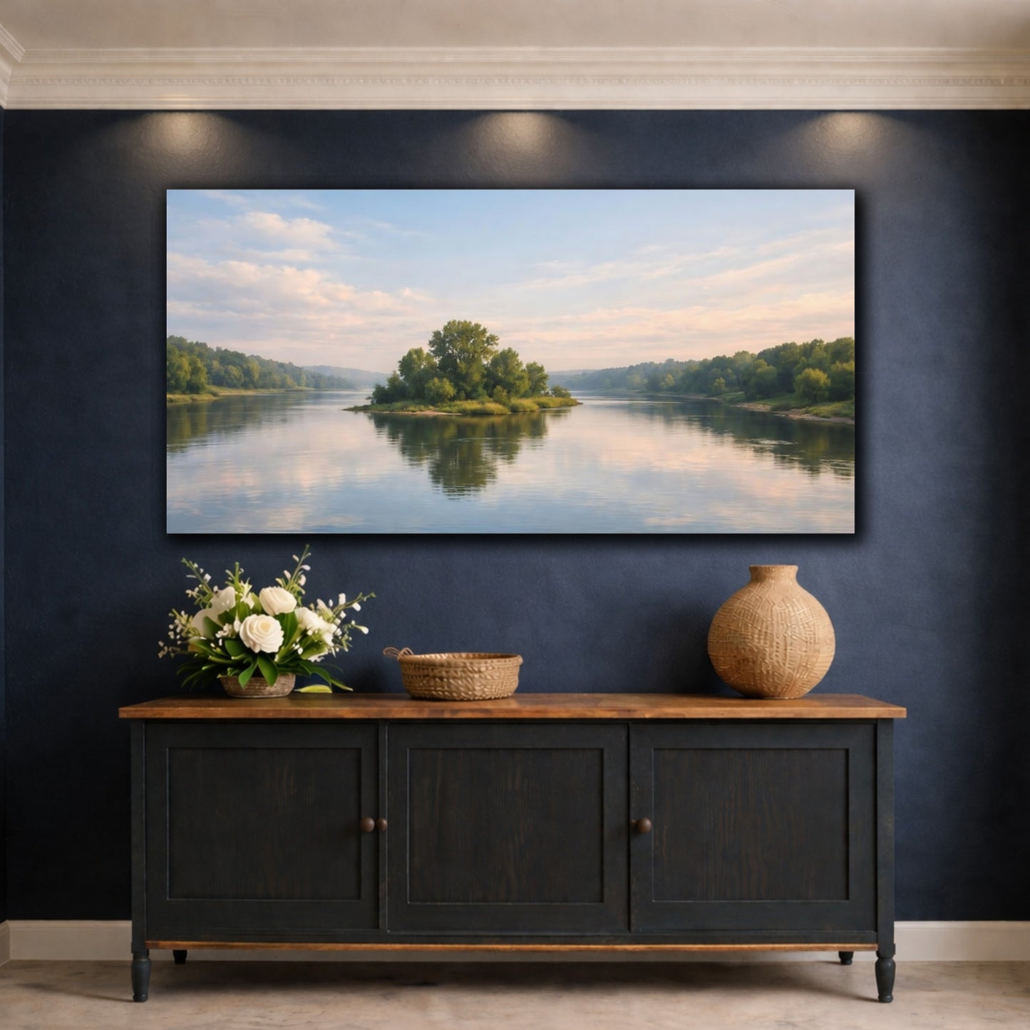 Mockup 4. Nature River Island Blue Green Landscape shown as stretched canvas wall art