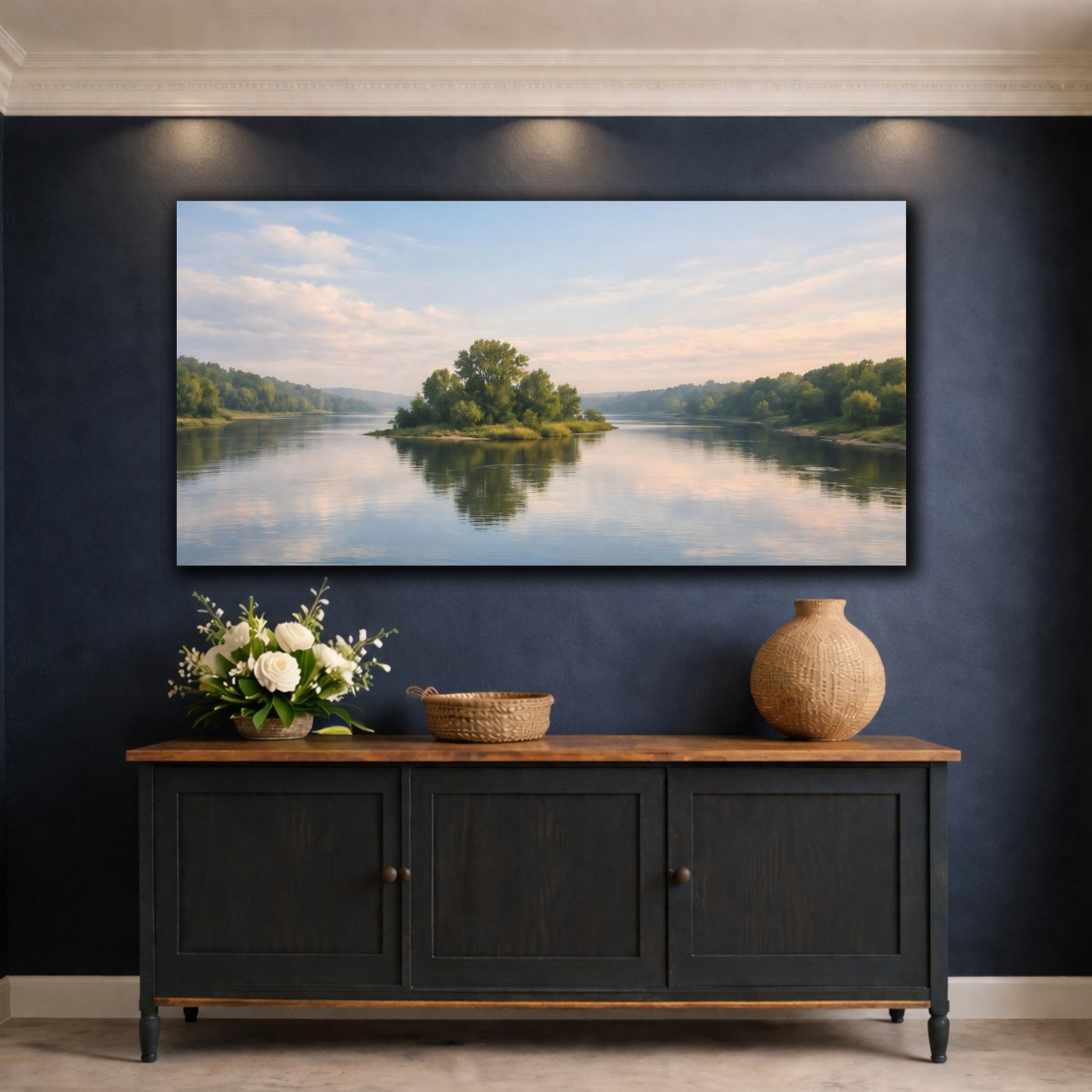 Mockup 4. Nature River Island Blue Green Landscape shown as stretched canvas wall art