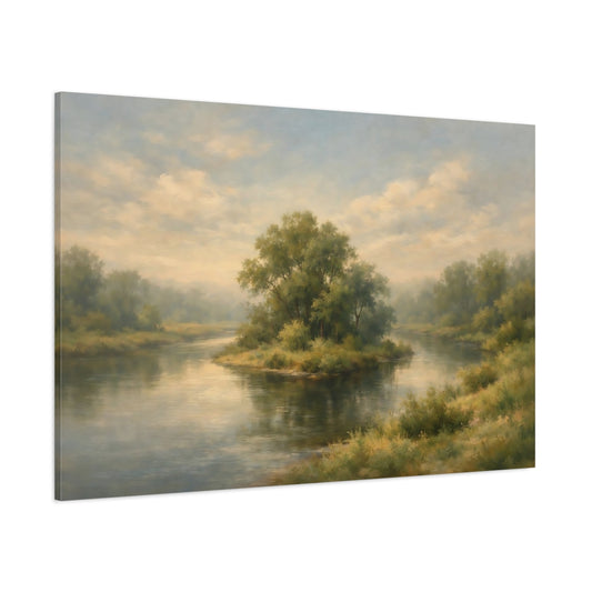 Main Mockup. Nature River Island Green And Blue Landscape shown as stretched canvas wall art