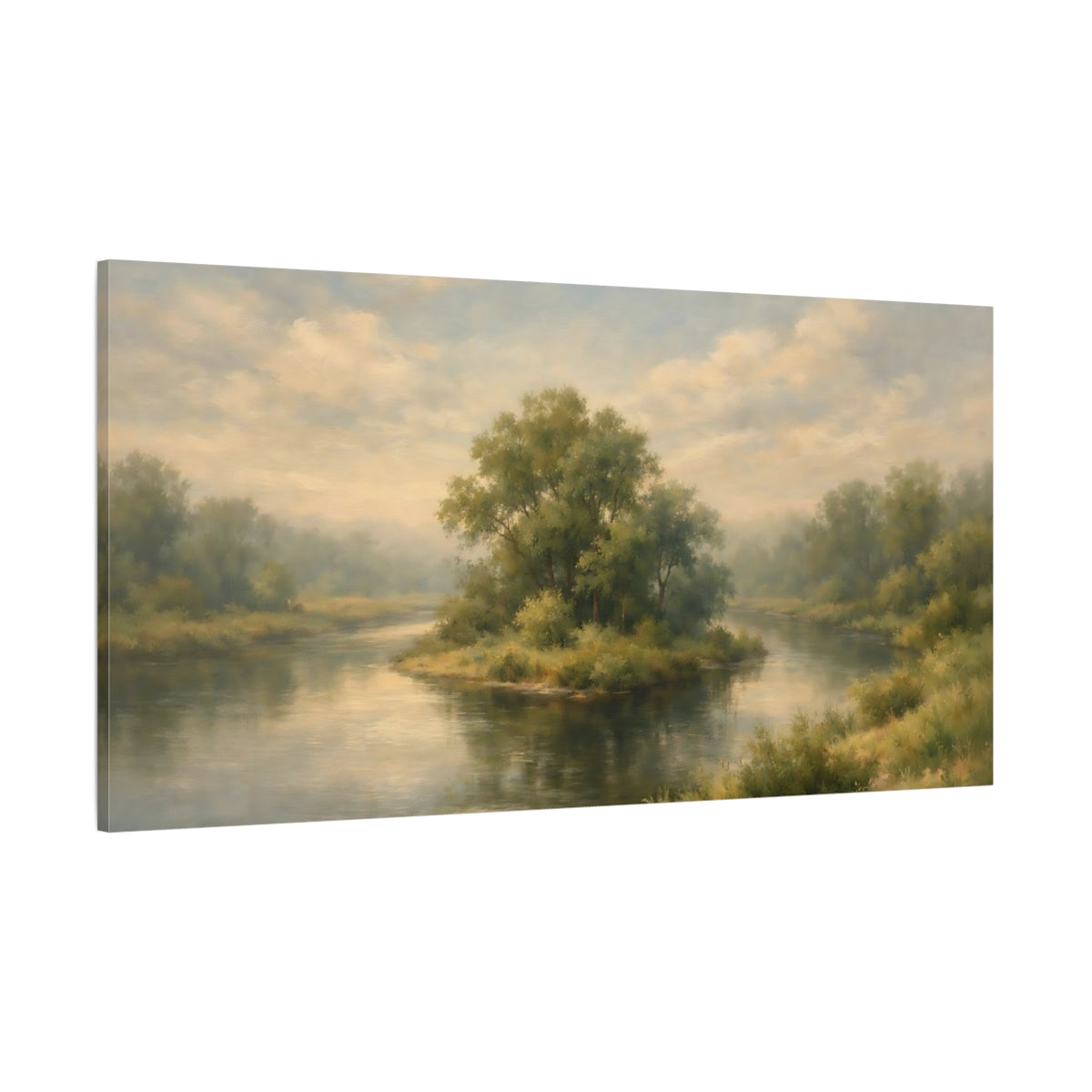 Main Mockup. Nature River Island Green And Blue Landscape shown as stretched canvas wall art