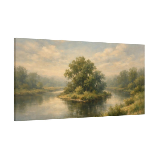 Main Mockup. Nature River Island Green And Blue Landscape shown as stretched canvas wall art
