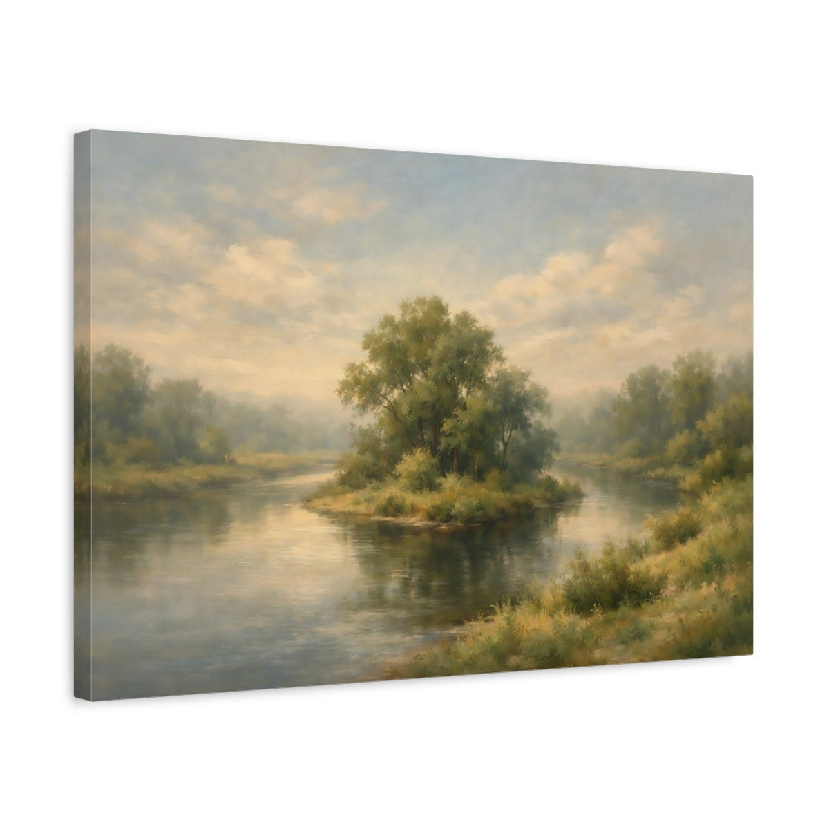Side Mockup 3. Nature River Island Green And Blue Landscape shown as stretched canvas wall art
