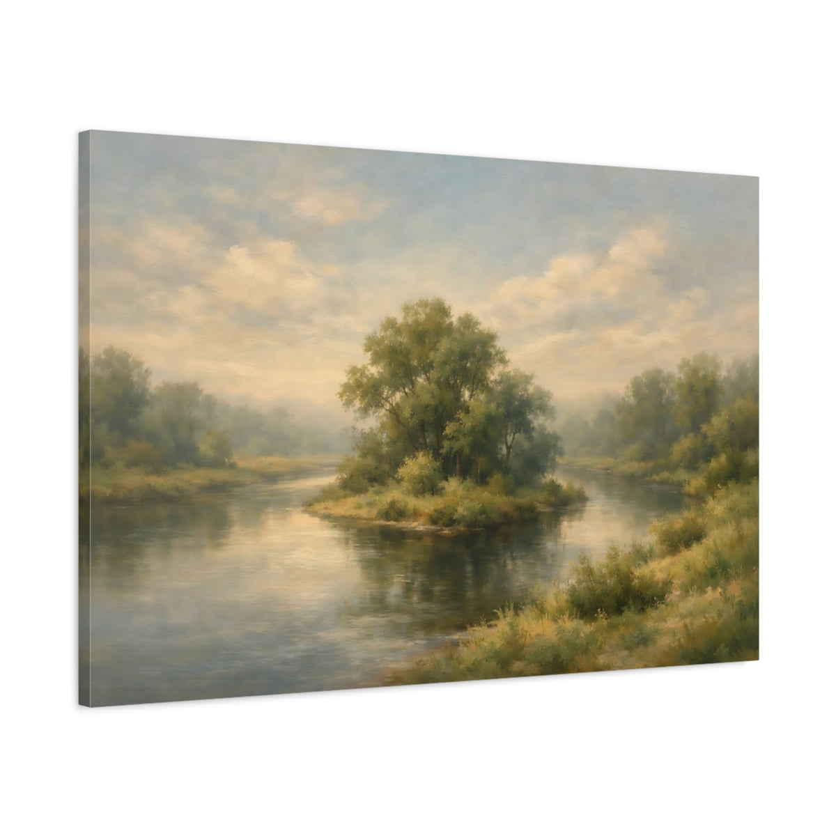 Side Mockup 1. Nature River Island Green And Blue Landscape shown as stretched canvas wall art