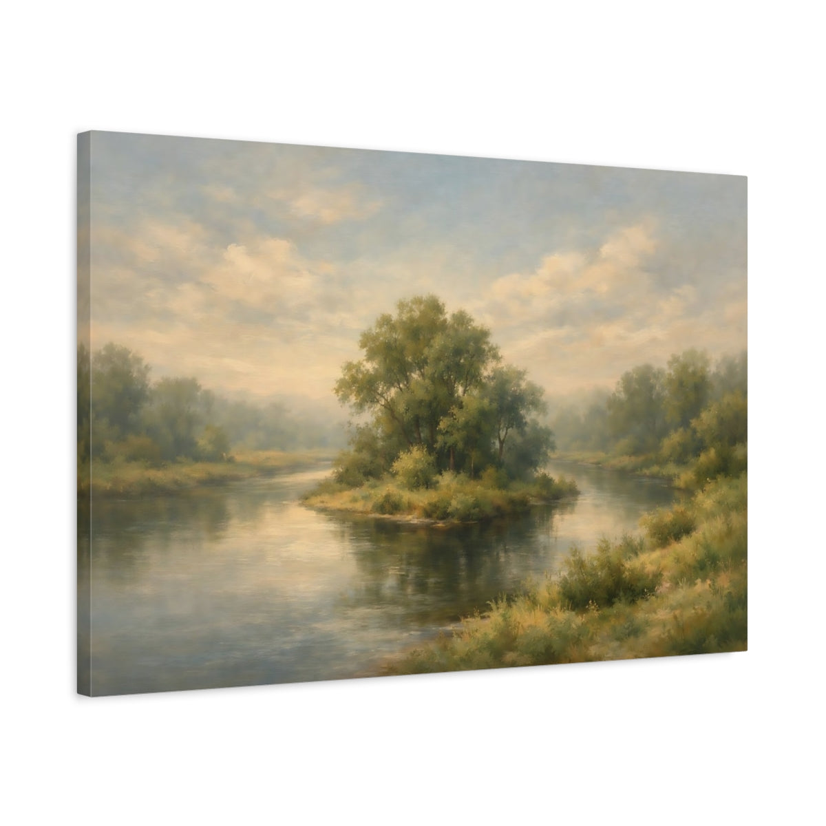Side Mockup 2. Nature River Island Green And Blue Landscape shown as stretched canvas wall art
