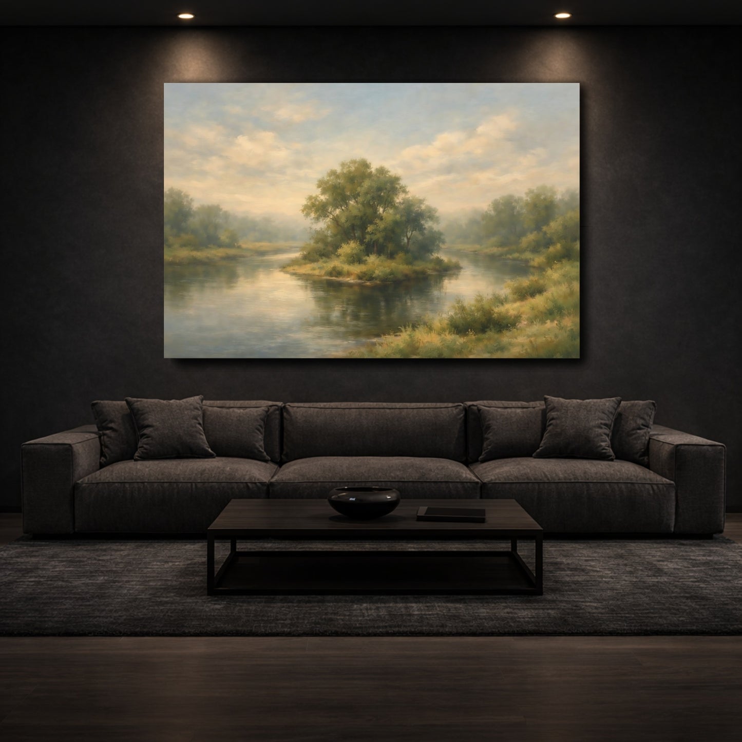 Mockup 2. Nature River Island Green And Blue Landscape shown as stretched canvas wall art
