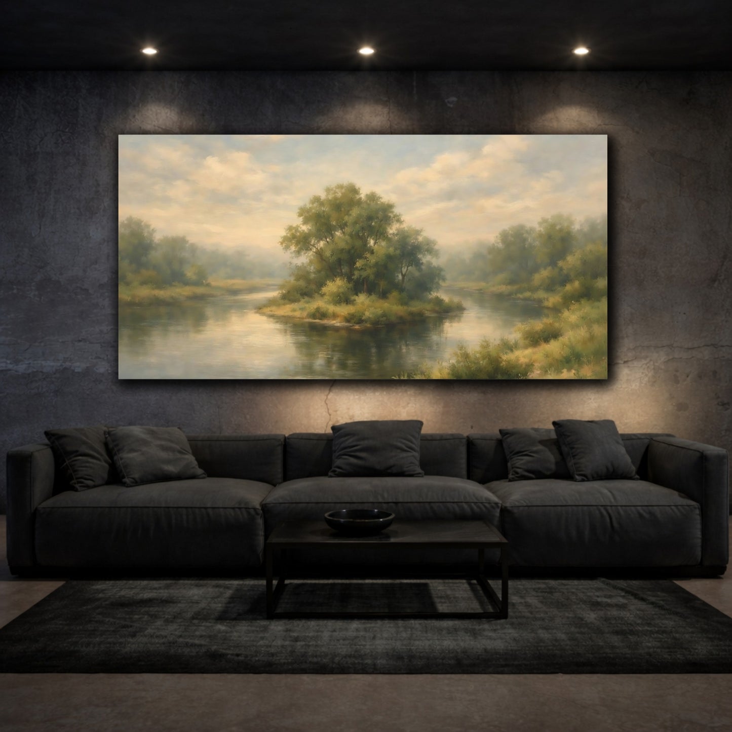 Mockup 2. Nature River Island Green And Blue Landscape shown as stretched canvas wall art