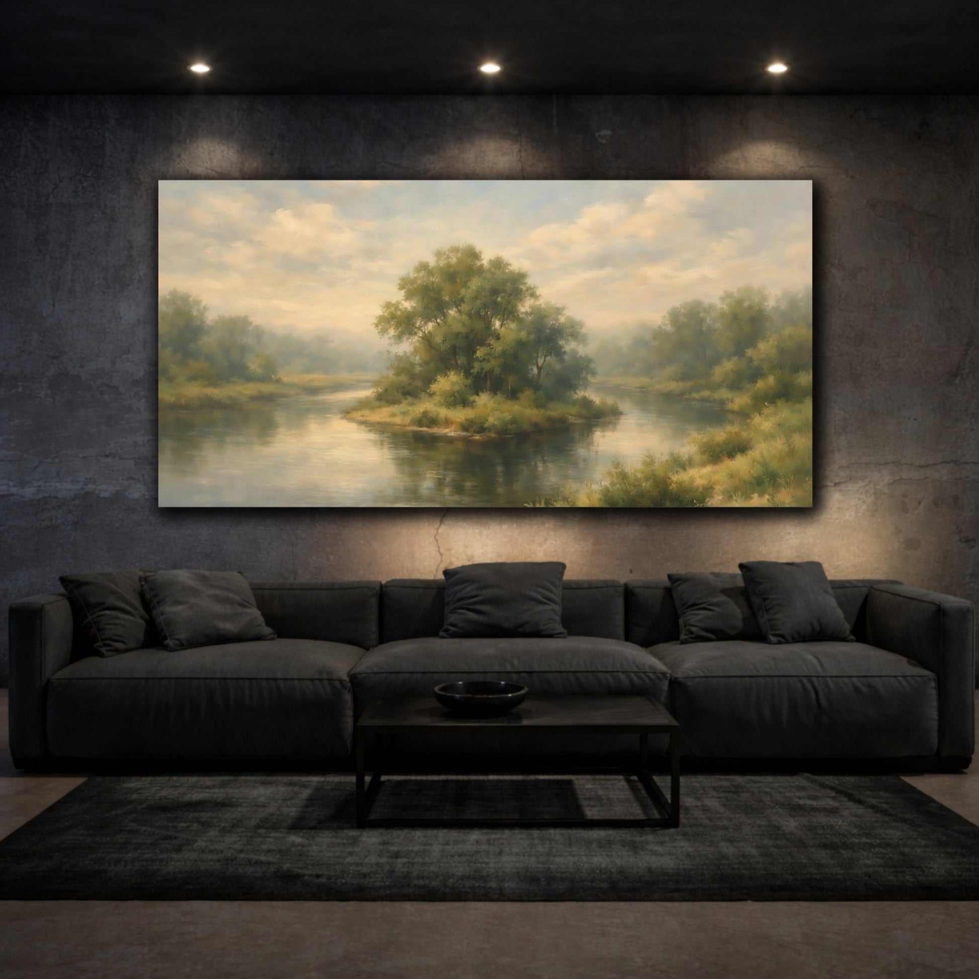 Mockup 2. Nature River Island Green And Blue Landscape shown as stretched canvas wall art