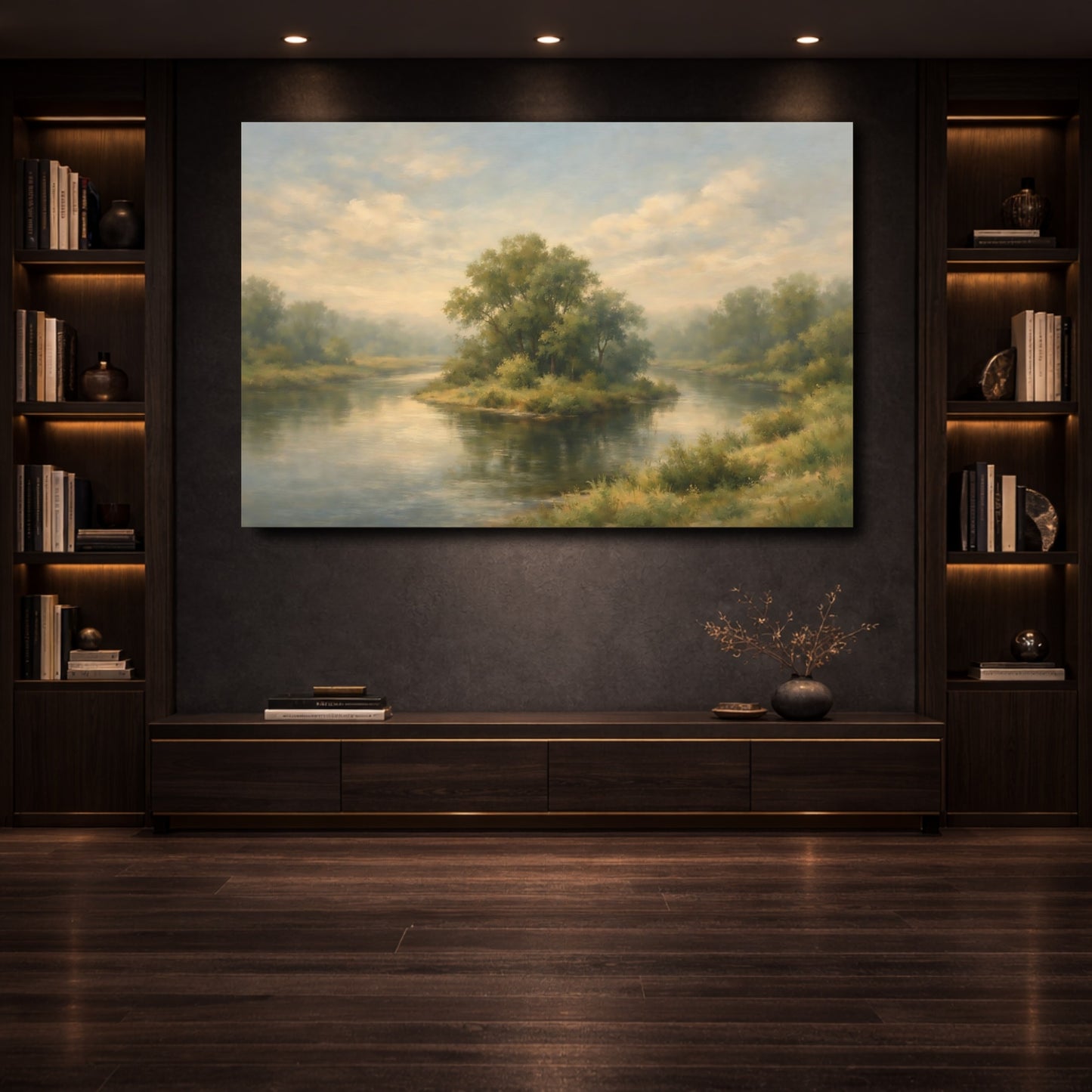 Mockup 3. Nature River Island Green And Blue Landscape shown as stretched canvas wall art