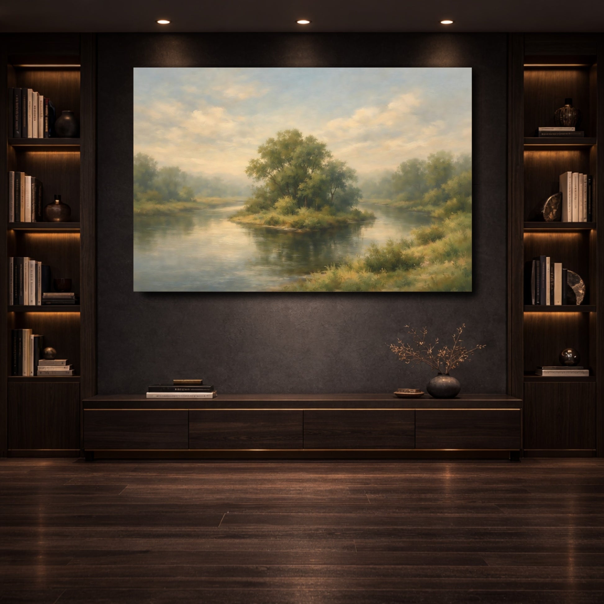 Mockup 3. Nature River Island Green And Blue Landscape shown as stretched canvas wall art