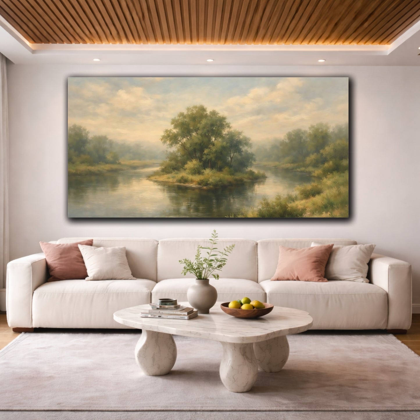 Mockup 3. Nature River Island Green And Blue Landscape shown as stretched canvas wall art