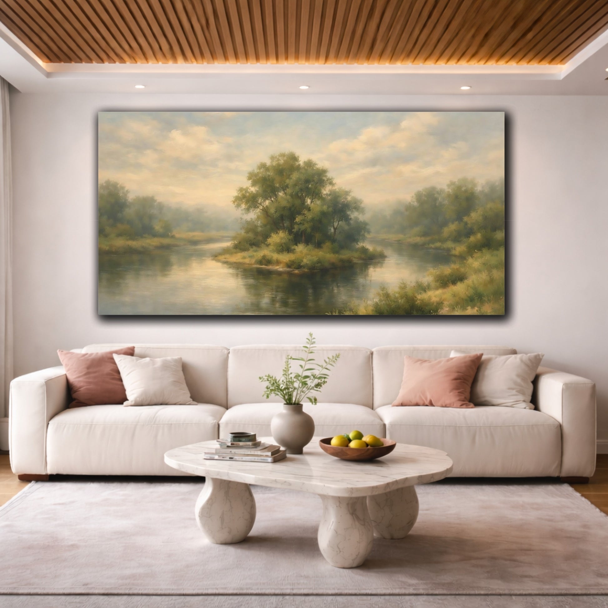 Mockup 3. Nature River Island Green And Blue Landscape shown as stretched canvas wall art