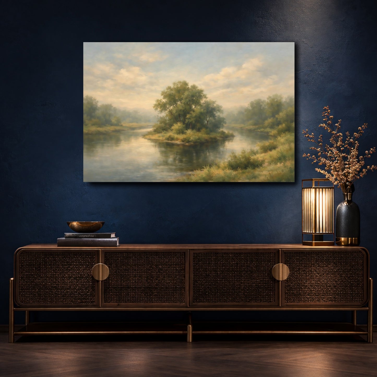 Mockup 4. Nature River Island Green And Blue Landscape shown as stretched canvas wall art
