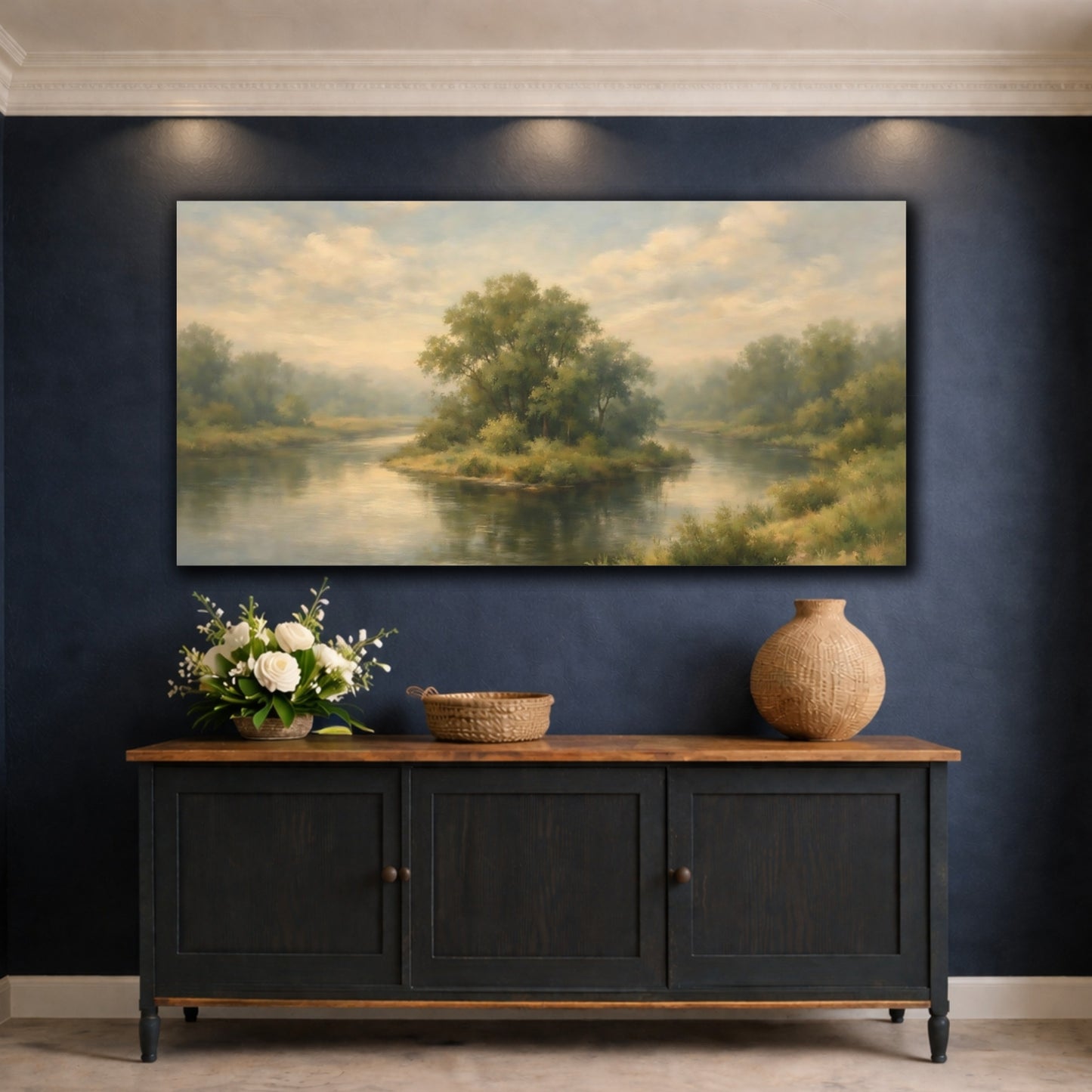 Mockup 4. Nature River Island Green And Blue Landscape shown as stretched canvas wall art