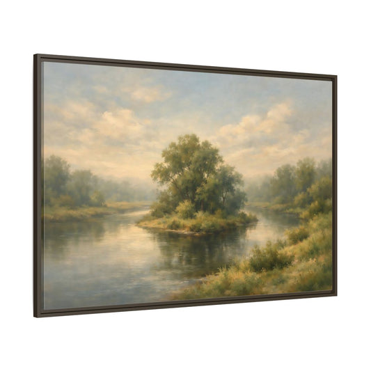 Main Mockup. Nature River Island Misty Green Landscape shown as stretched canvas wall art