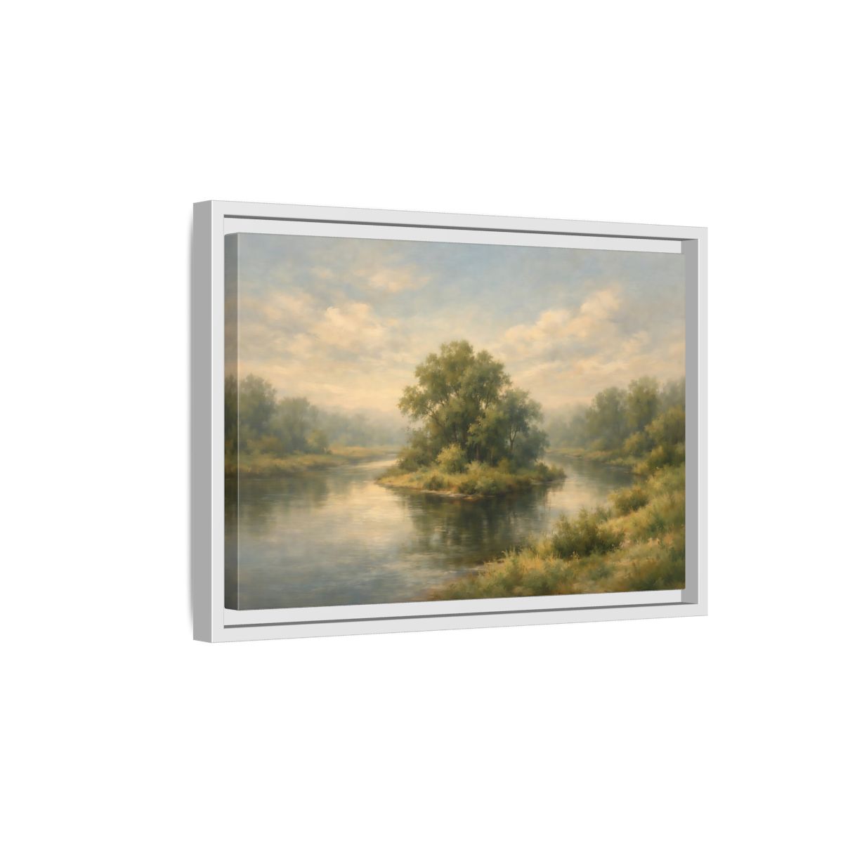 Side Mockup 4. Nature River Island Misty Green Landscape shown as stretched canvas wall art