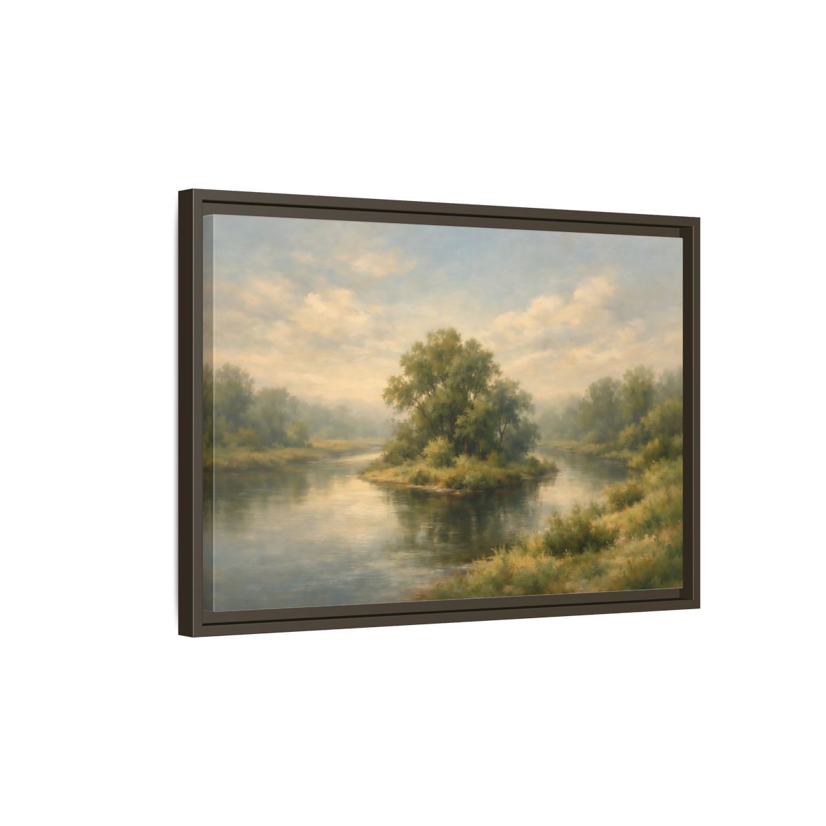 Side Mockup 2. Nature River Island Misty Green Landscape shown as stretched canvas wall art