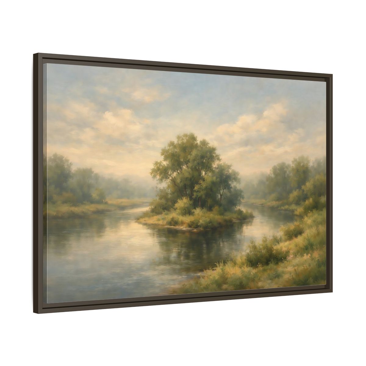 Side Mockup 9. Nature River Island Misty Green Landscape shown as stretched canvas wall art
