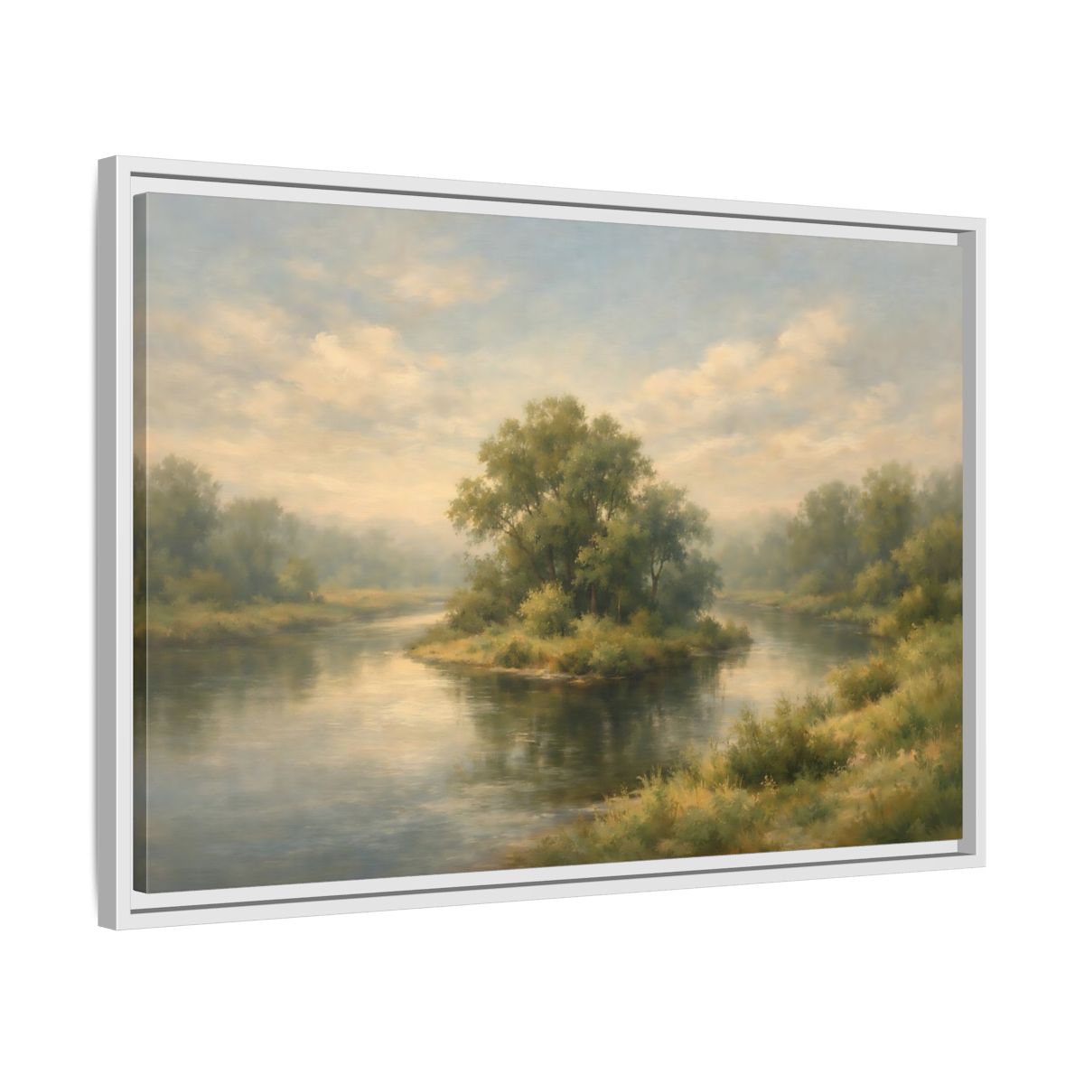Side Mockup 10. Nature River Island Misty Green Landscape shown as stretched canvas wall art