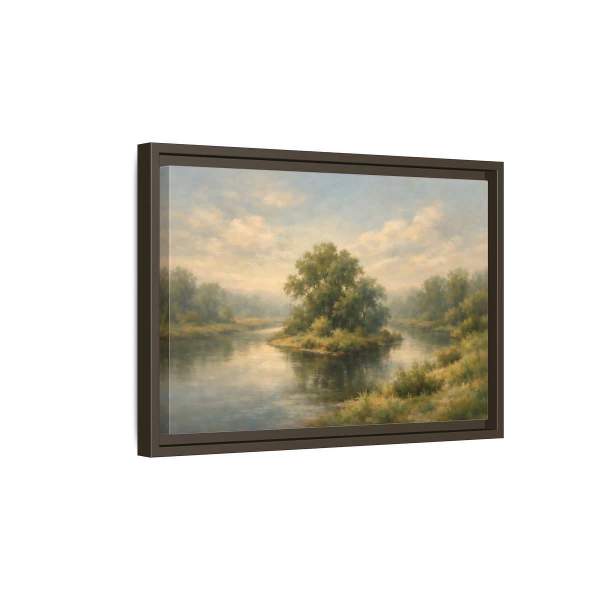 Side Mockup 5. Nature River Island Misty Green Landscape shown as stretched canvas wall art