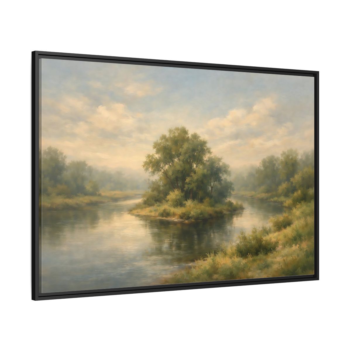 Side Mockup 12. Nature River Island Misty Green Landscape shown as stretched canvas wall art