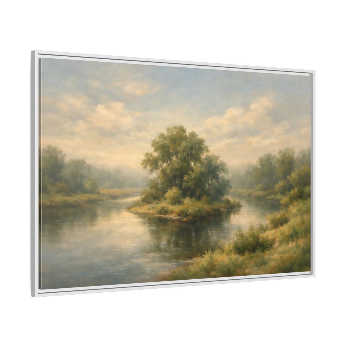 Side Mockup 7. Nature River Island Misty Green Landscape shown as stretched canvas wall art