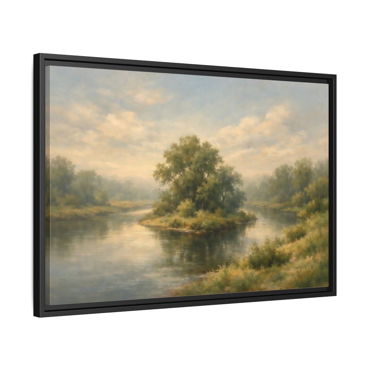 Side Mockup 14. Nature River Island Misty Green Landscape shown as stretched canvas wall art