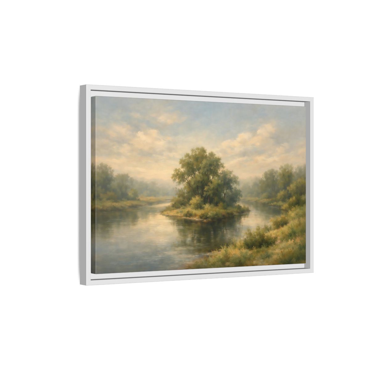 Side Mockup 1. Nature River Island Misty Green Landscape shown as stretched canvas wall art