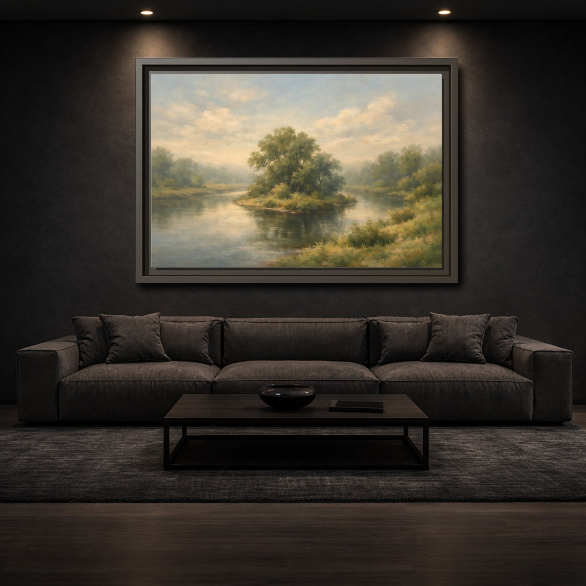 Mockup 2. Nature River Island Misty Green Landscape shown as stretched canvas wall art