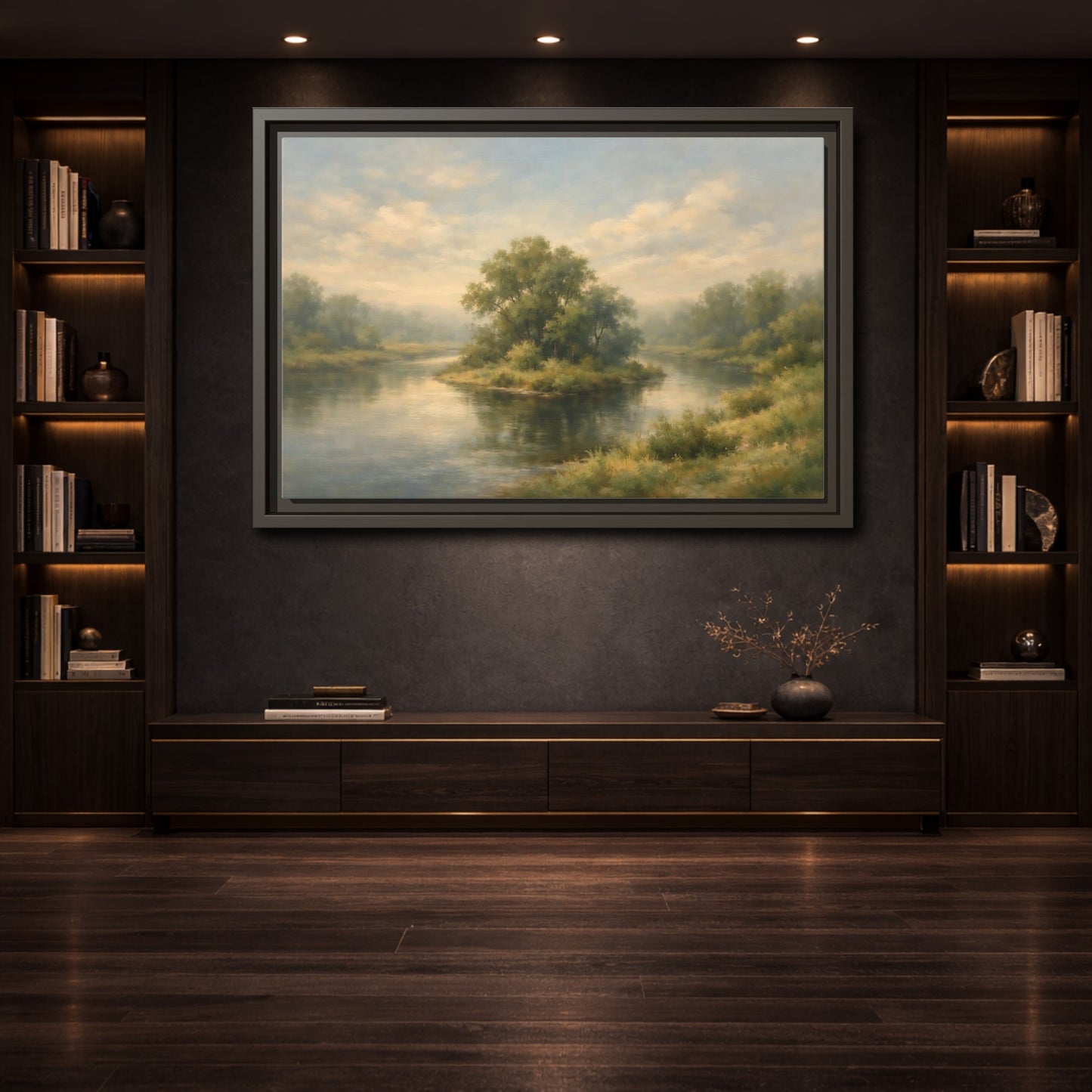 Mockup 3. Nature River Island Misty Green Landscape shown as stretched canvas wall art