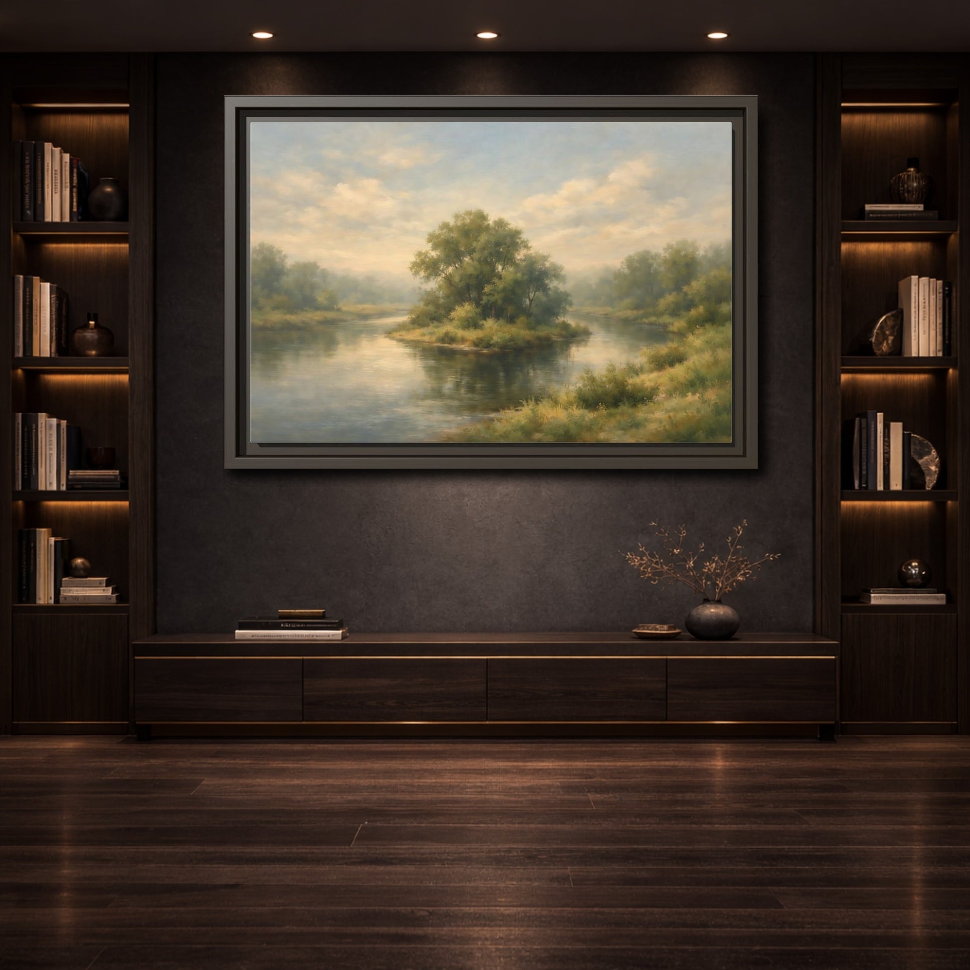 Mockup 3. Nature River Island Misty Green Landscape shown as stretched canvas wall art