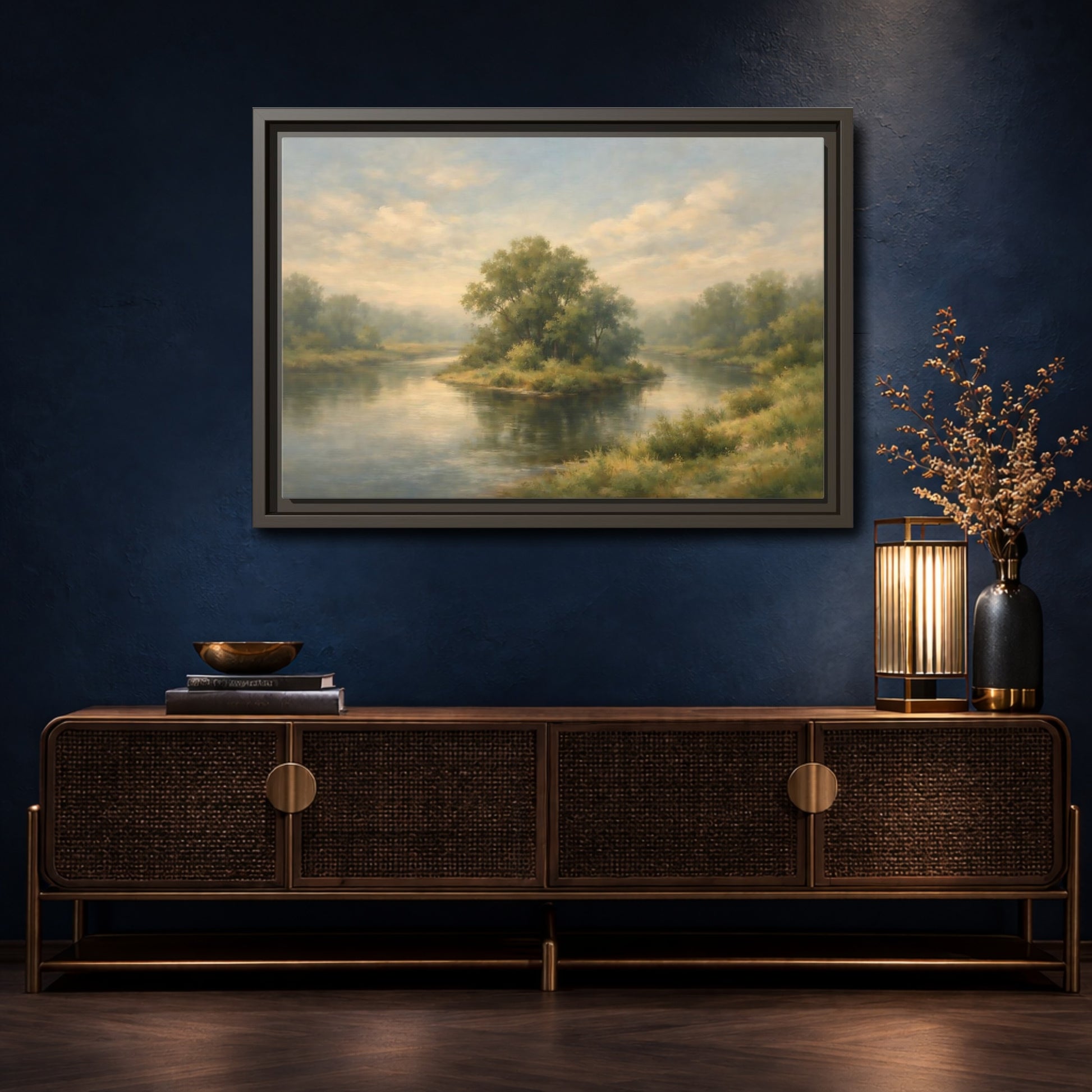 Mockup 4. Nature River Island Misty Green Landscape shown as stretched canvas wall art