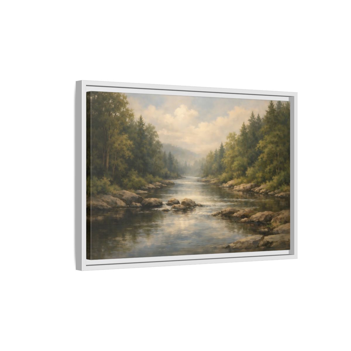 Side Mockup 1. Nature River River Landscape shown as stretched canvas wall art