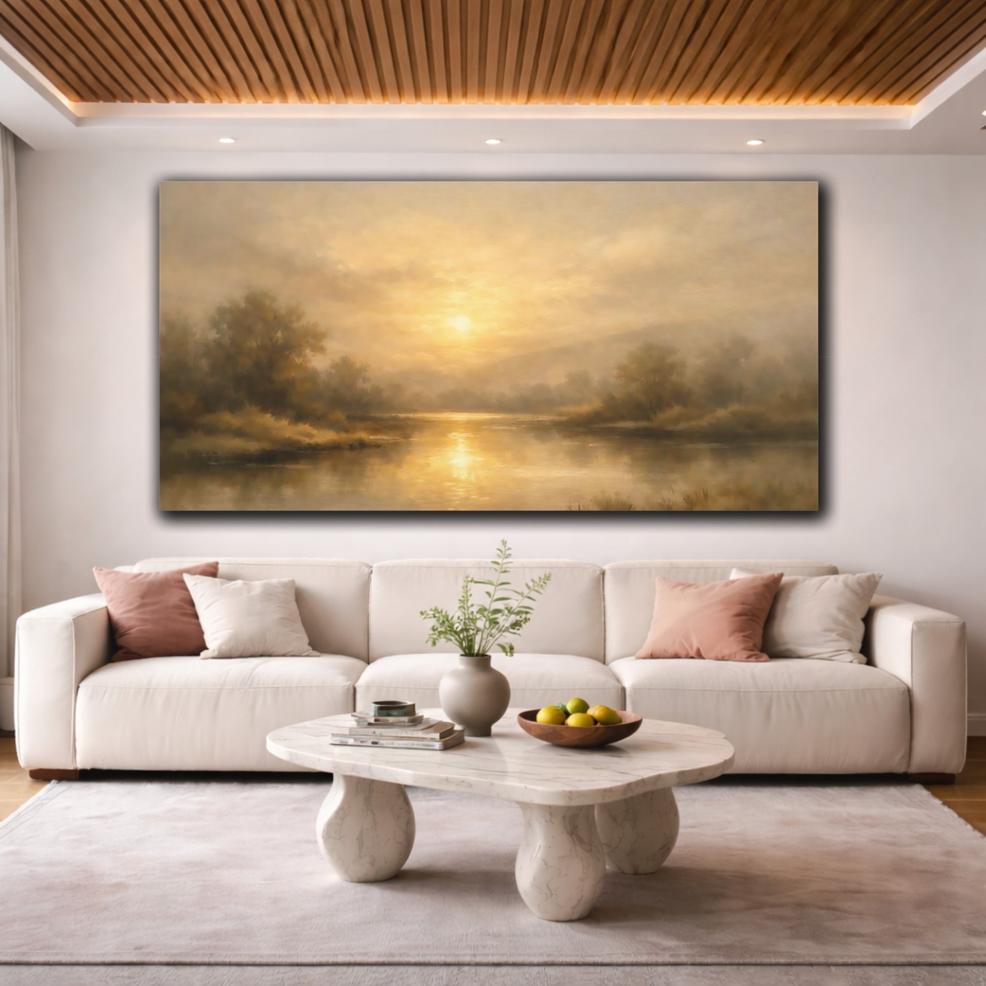 Mockup 3. Nature River Landscape Golden Landscape shown as stretched canvas wall art
