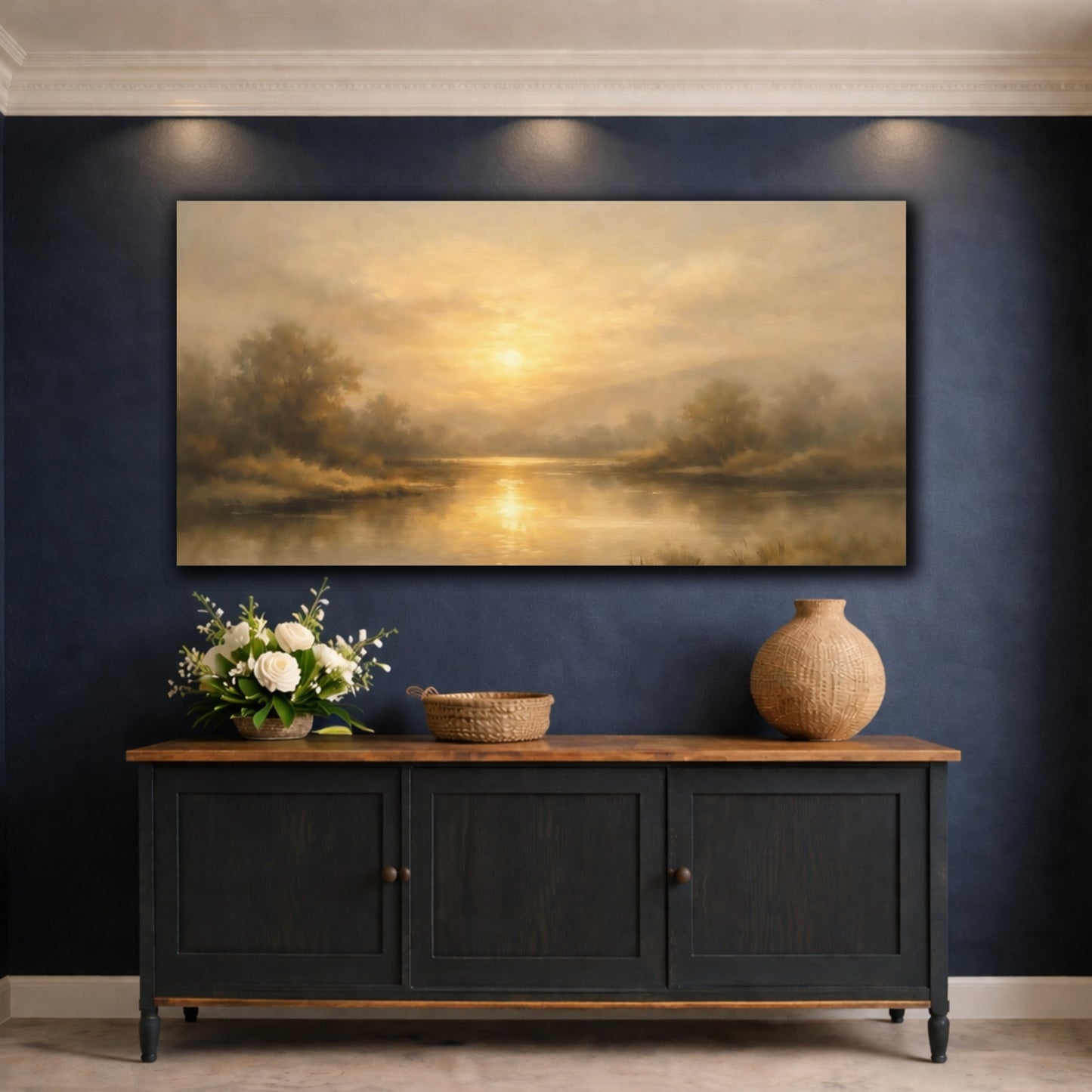 Mockup 4. Nature River Landscape Golden Landscape shown as stretched canvas wall art