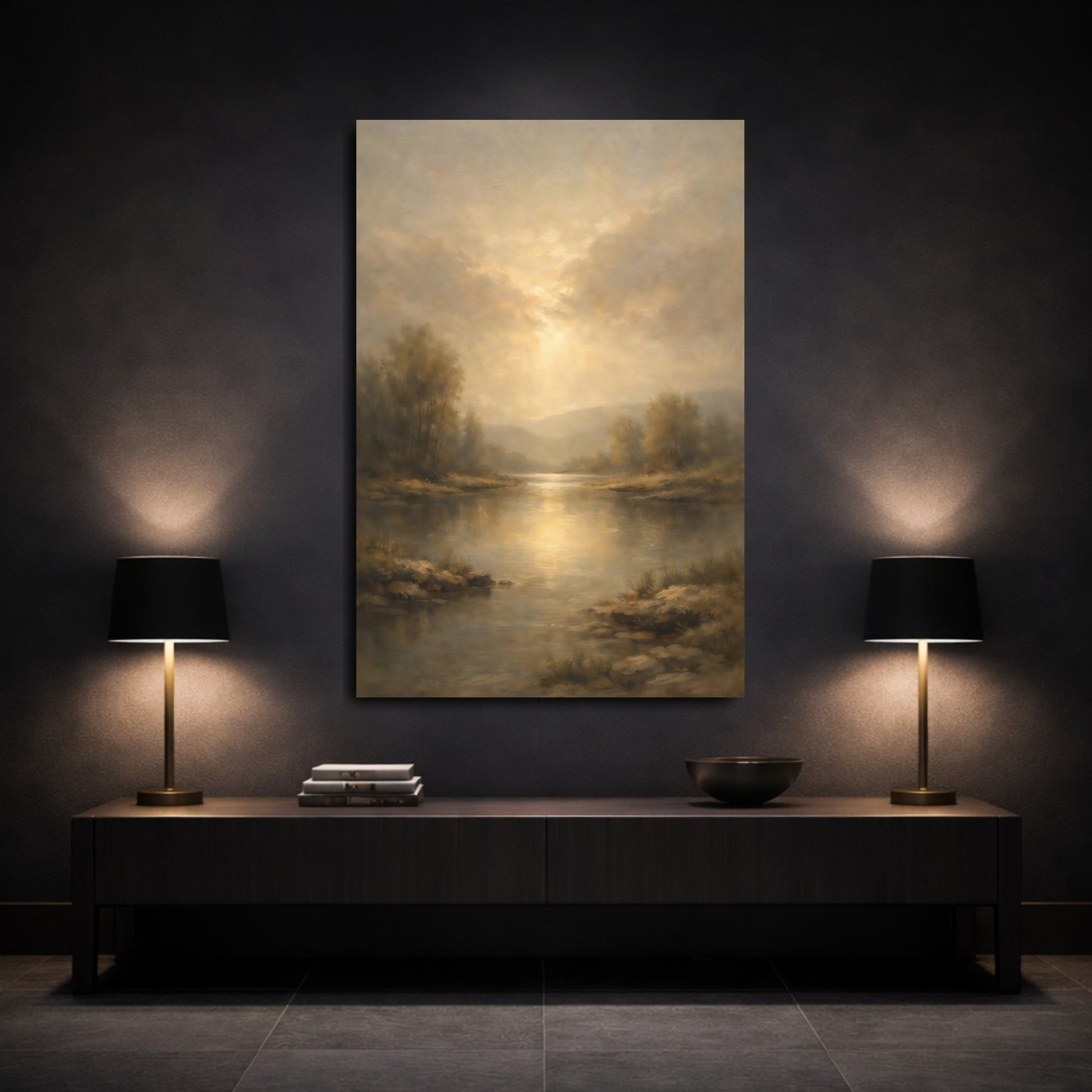 Mockup 2. Nature River Landscape Golden River Landscape shown as stretched canvas wall art