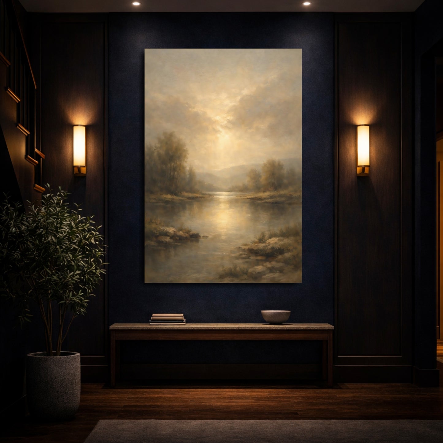 Mockup 3. Nature River Landscape Golden River Landscape shown as stretched canvas wall art