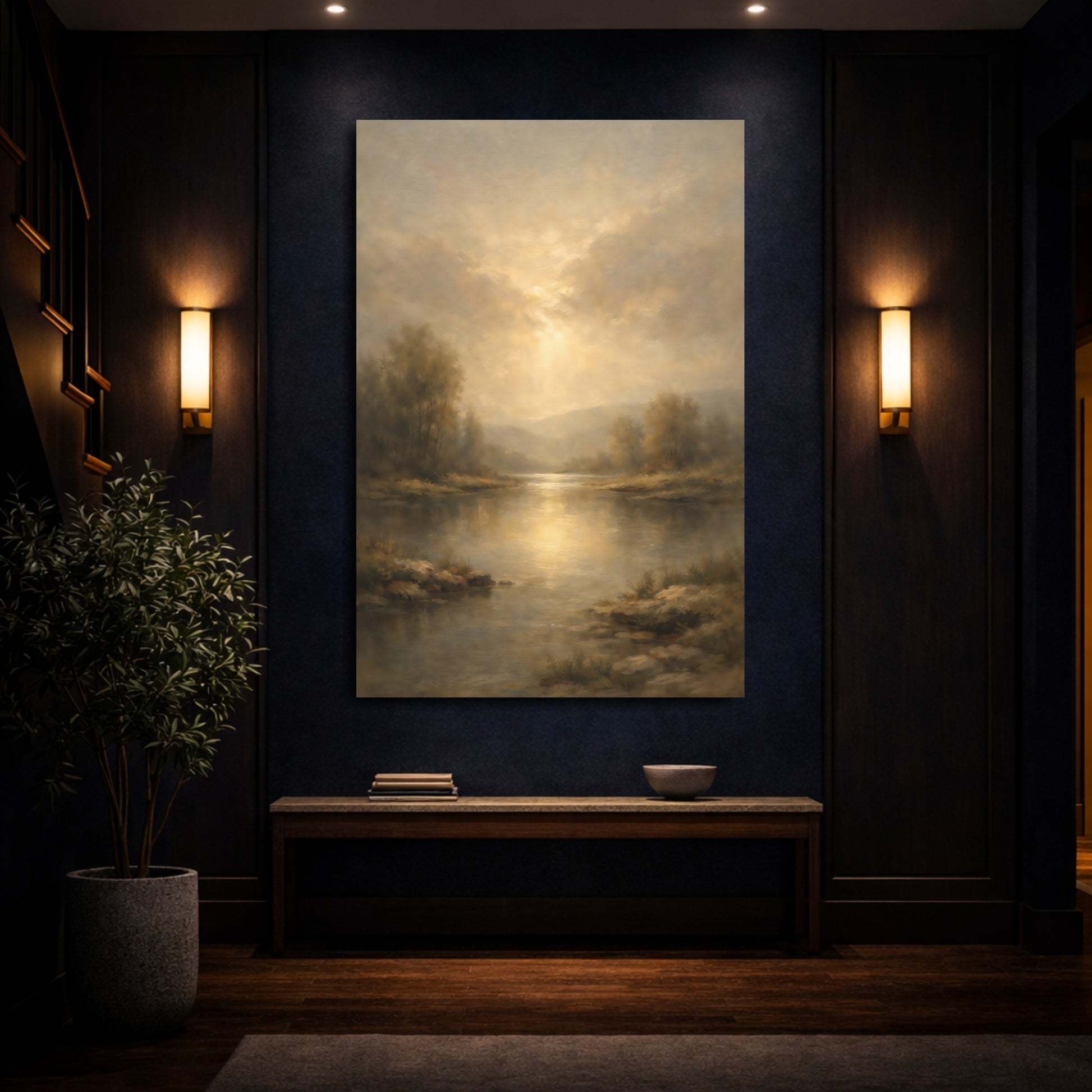 Mockup 3. Nature River Landscape Golden River Landscape shown as stretched canvas wall art