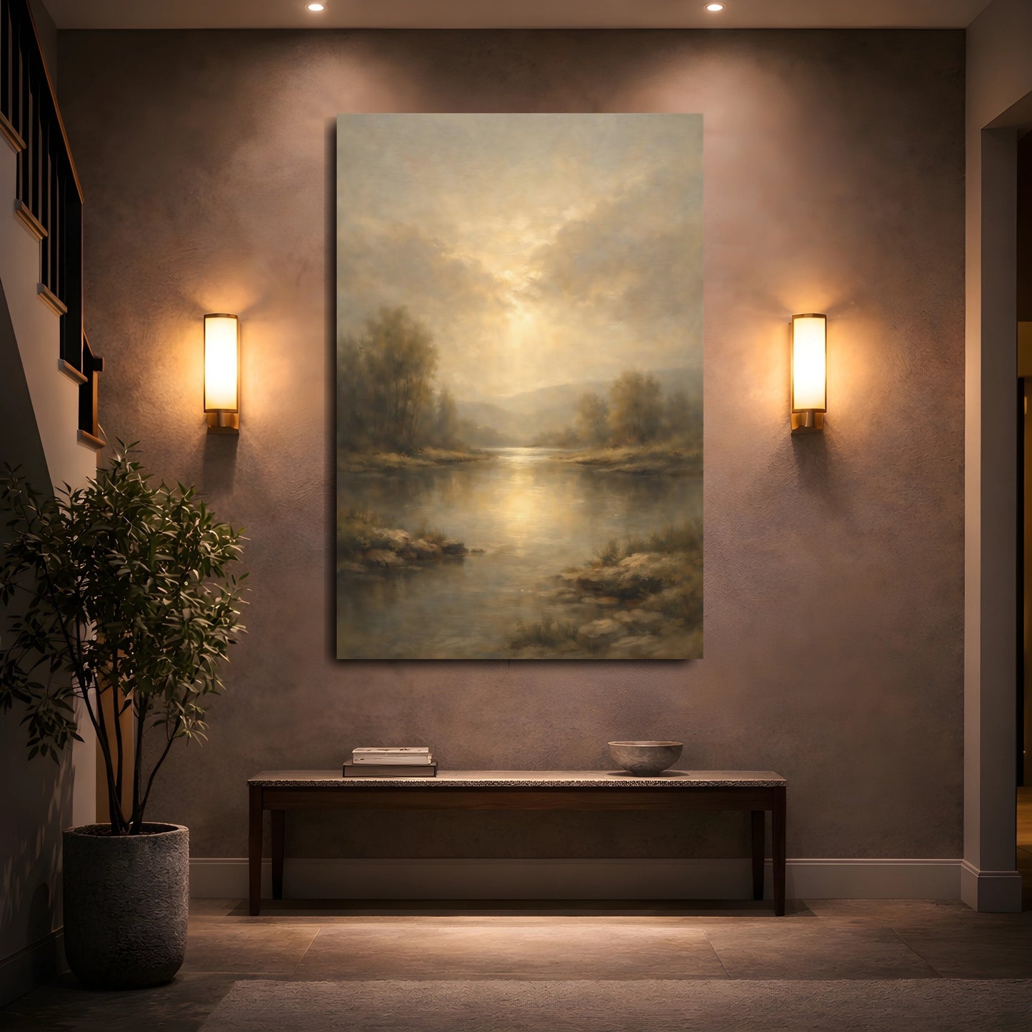 Mockup 4. Nature River Landscape Golden River Landscape shown as stretched canvas wall art