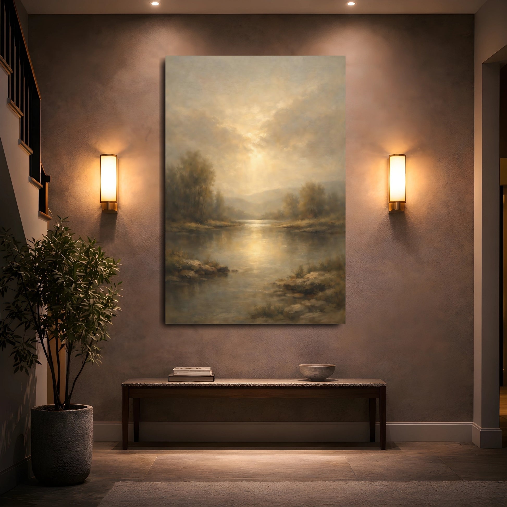 Mockup 4. Nature River Landscape Golden River Landscape shown as stretched canvas wall art