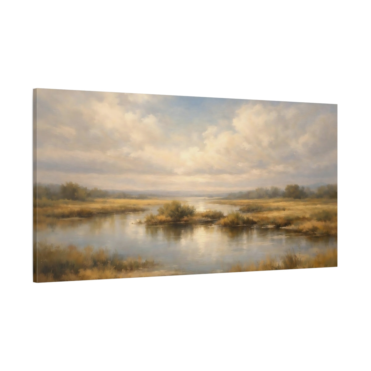 Main Mockup. Nature River Landscape Golden Wetland shown as stretched canvas wall art
