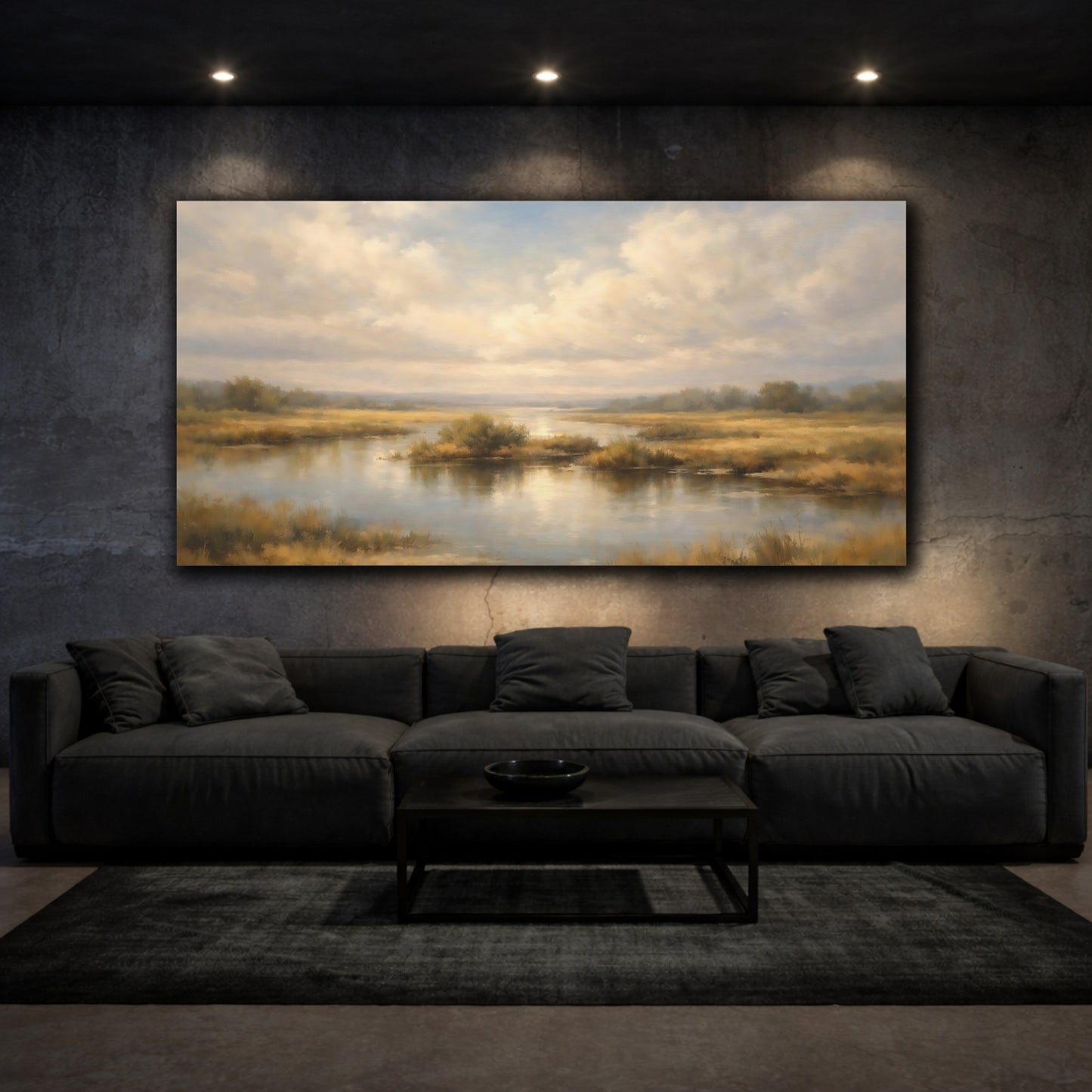 Mockup 2. Nature River Landscape Golden Wetland shown as stretched canvas wall art