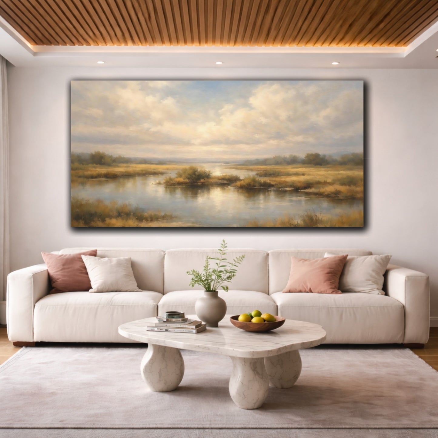 Mockup 3. Nature River Landscape Golden Wetland shown as stretched canvas wall art