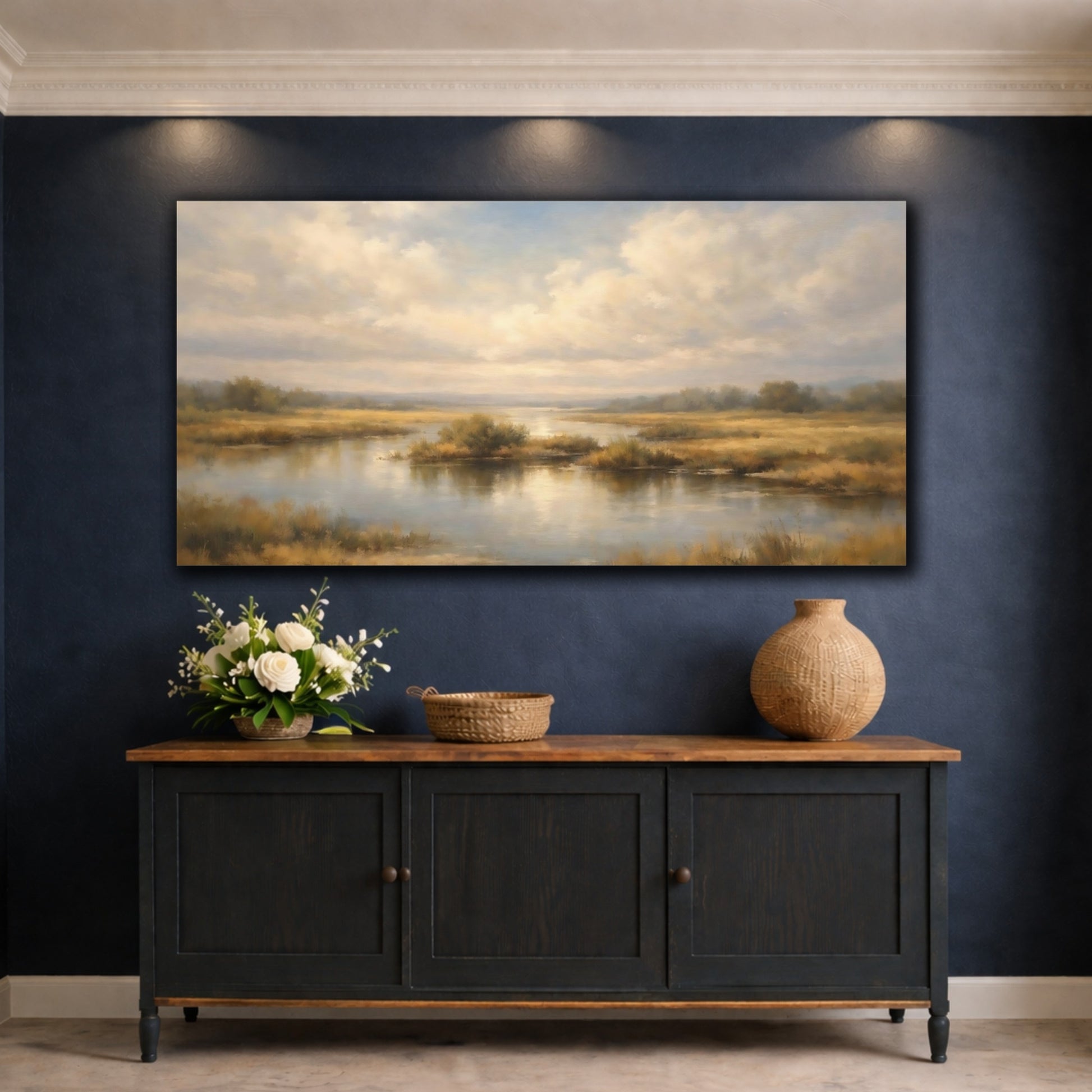 Mockup 4. Nature River Landscape Golden Wetland shown as stretched canvas wall art