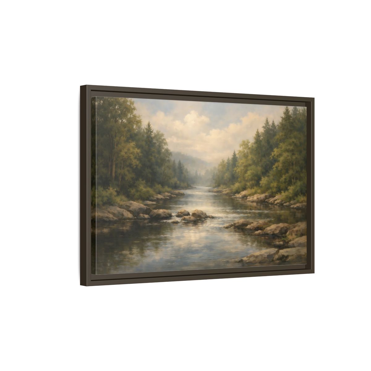 Side Mockup 2. Nature River Landscape Green River shown as stretched canvas wall art